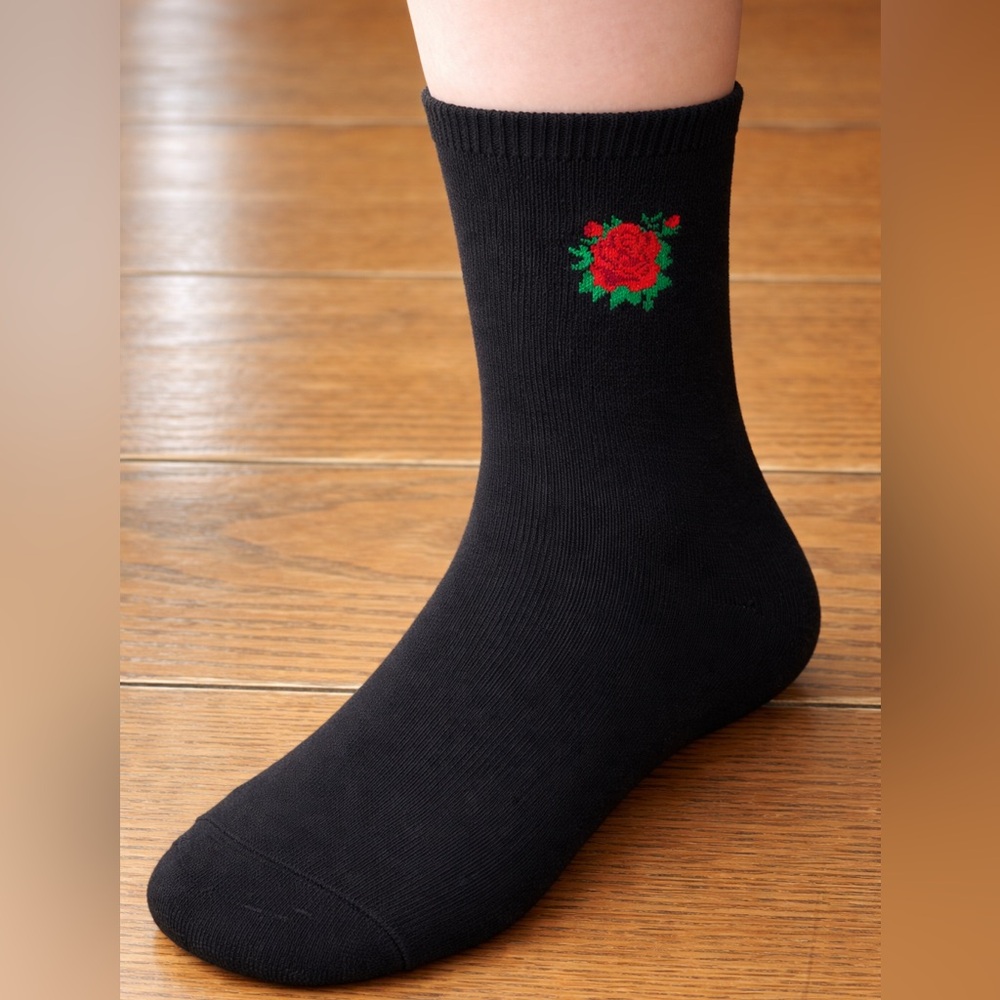 Steve Madden Men’s Black Dress Socks with Red Floral Design - Size 6-12.5